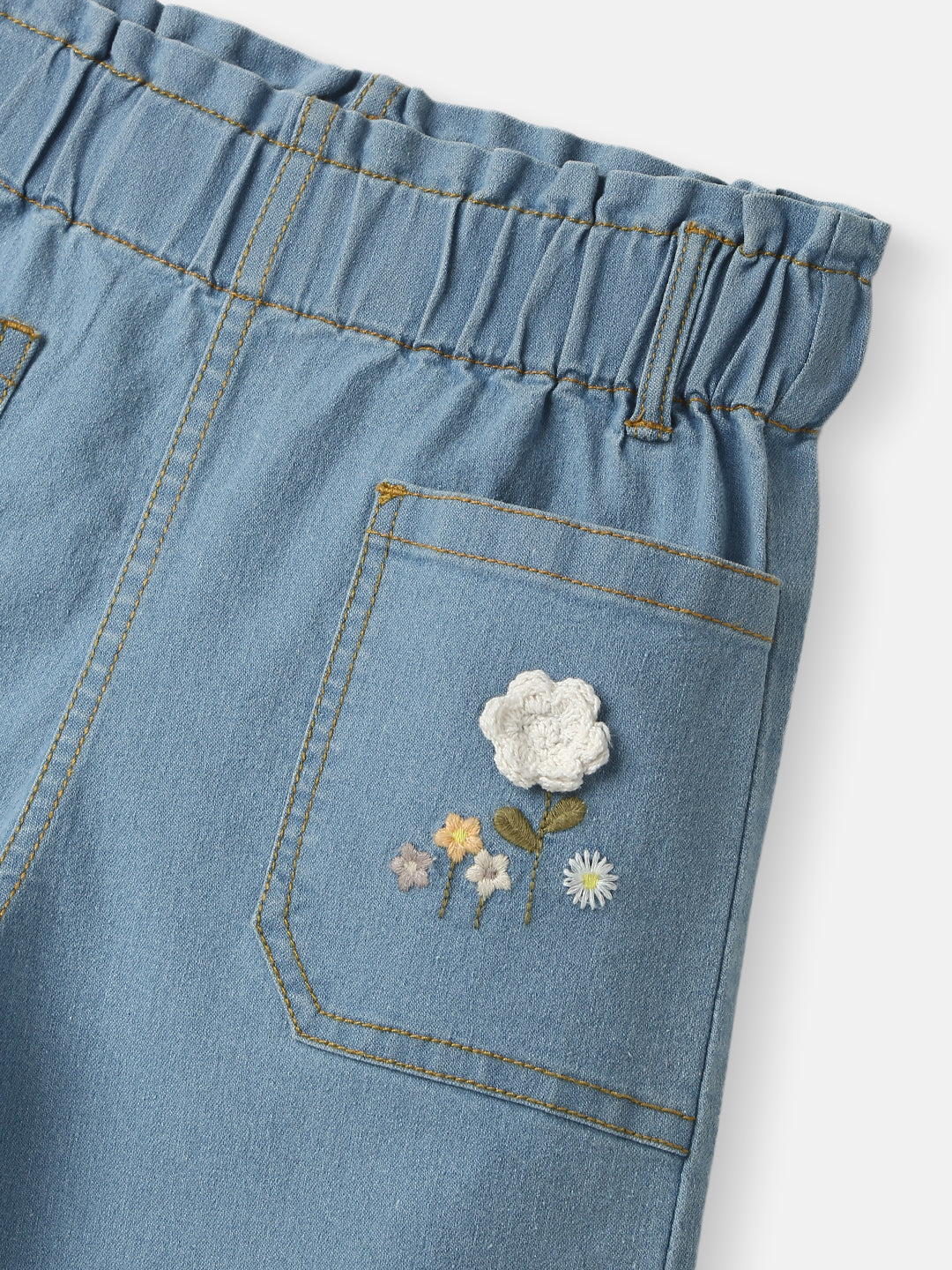 Nautinati Girls' Crochet Flowers Cotton Denim Jeans with Patch Pockets