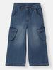 Nautinati Girls' Cotton Blend Stretchable Light Fade Solid Wide-leg Cargo Pocket Jeans with Textured Finish