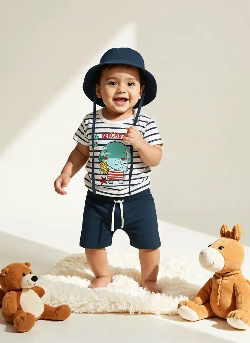 Nautinati Boys Striped Cotton T-shirt and Shorts | Cotton | Age 3 - 24 Months