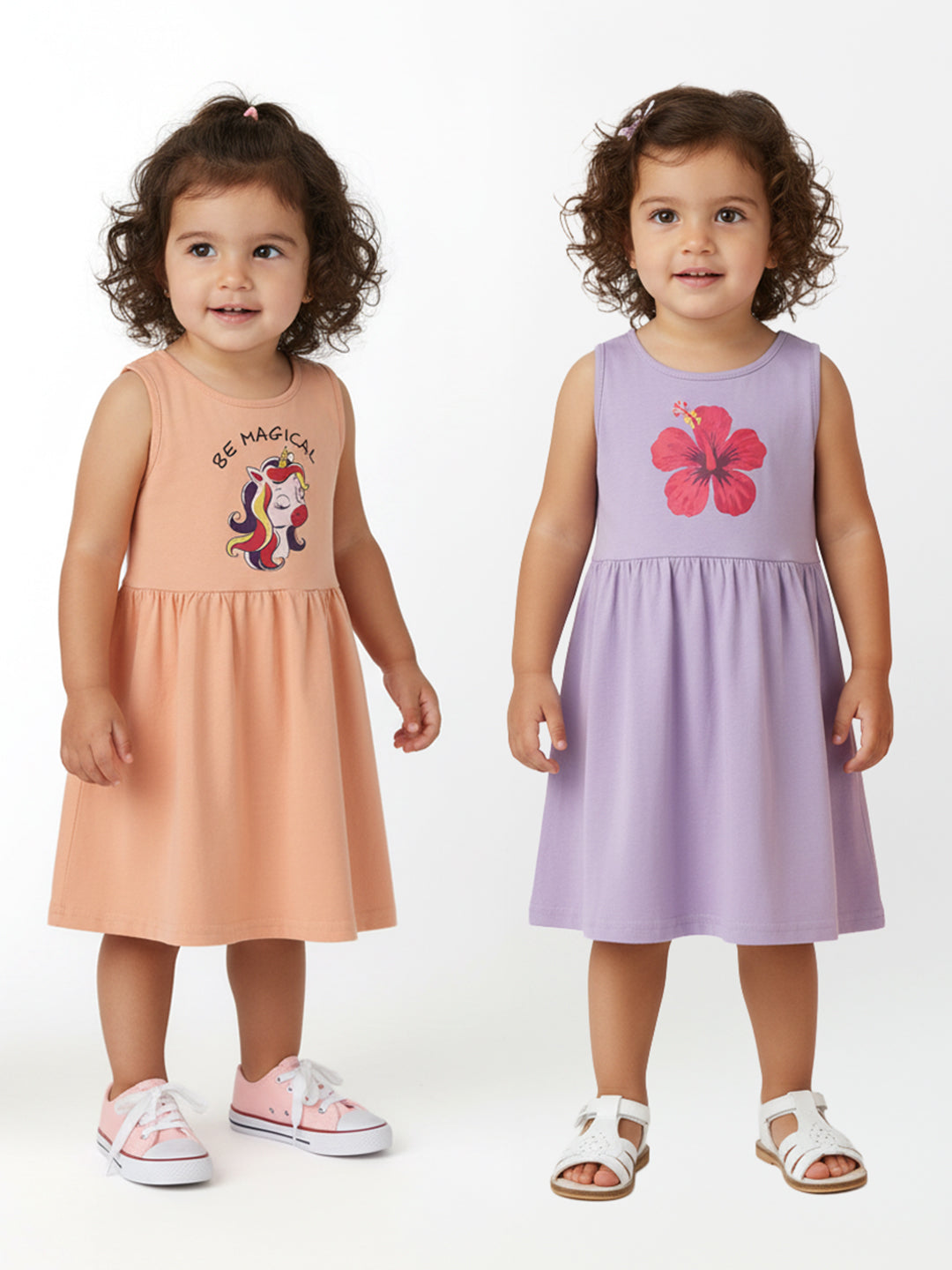 Nautinati Girls' Unicorn & Floral Graphic Cotton Dresses Pack | Sleeveless | Age 12-18M