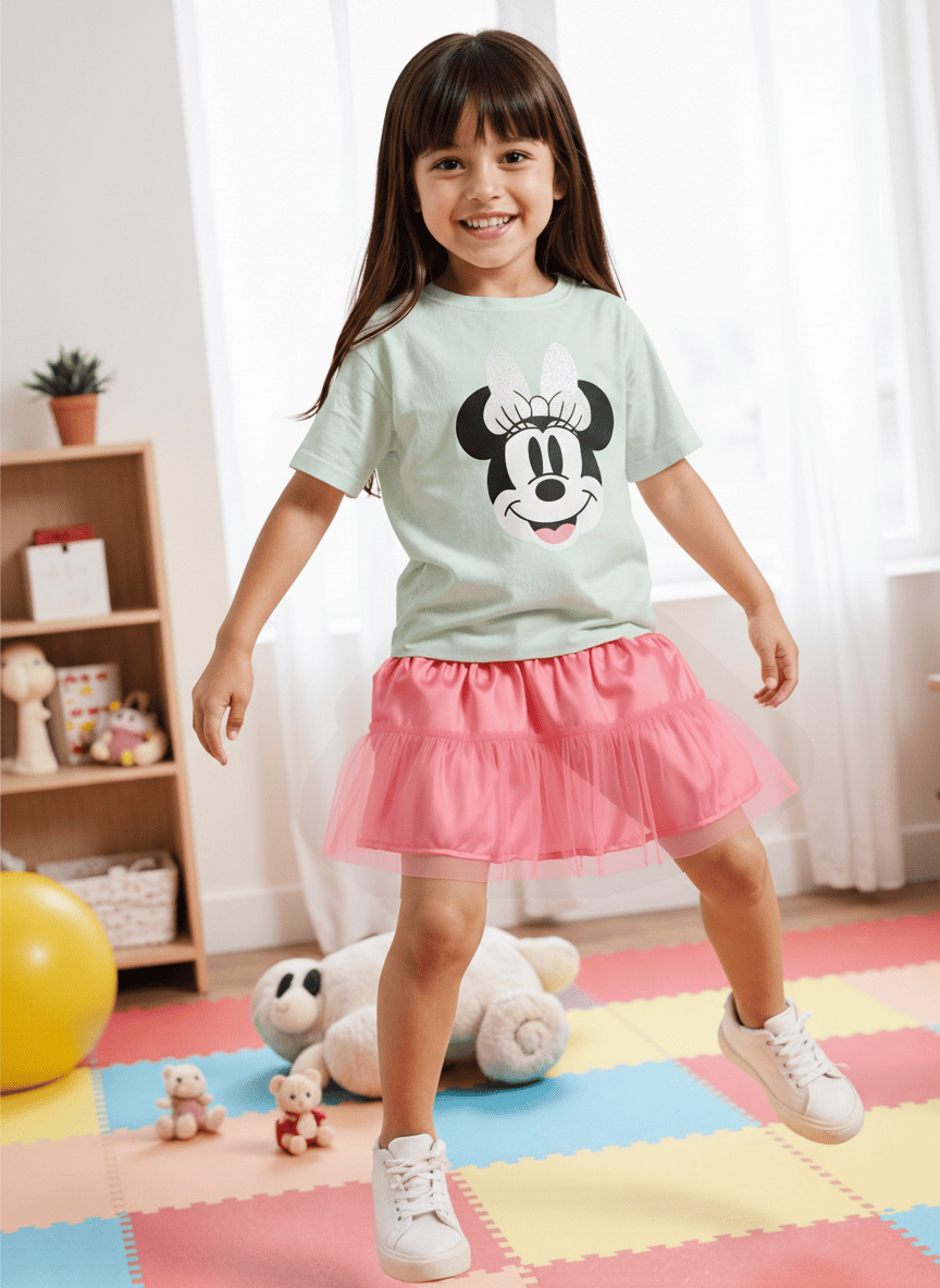 Nautinati Girls' Minnie Mouse Printed Set of T-shirt and Tiered Tulle Skirt