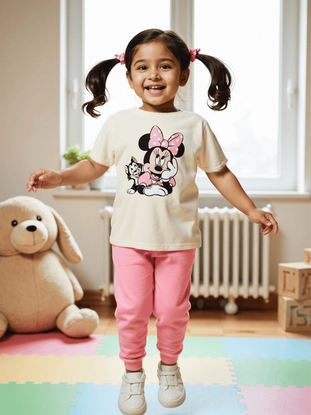 Nautinati Girls' Cotton Minnie Mouse Printed T-shirt and Polka Printed Joggers