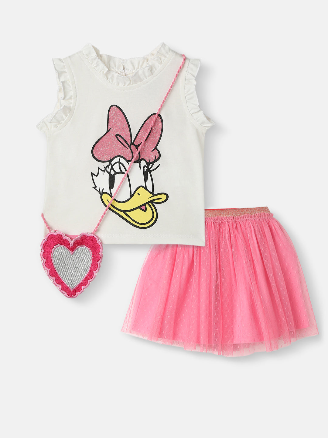 Nautinati Girls' Cotton Disney Glitter Print Set of Top and Skirt With Sling Bag