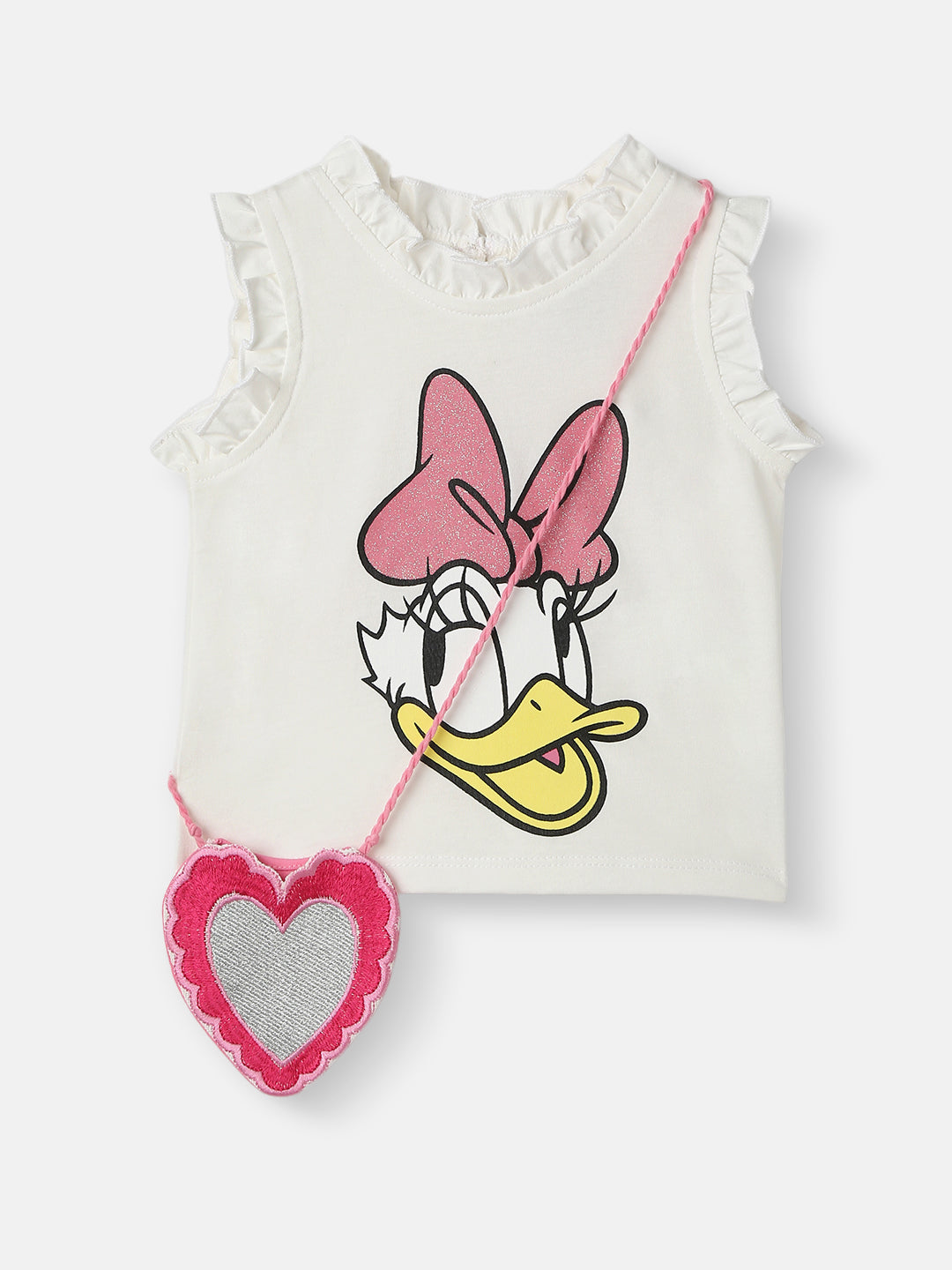 Nautinati Girls' Cotton Disney Glitter Print Set of Top and Skirt With Sling Bag