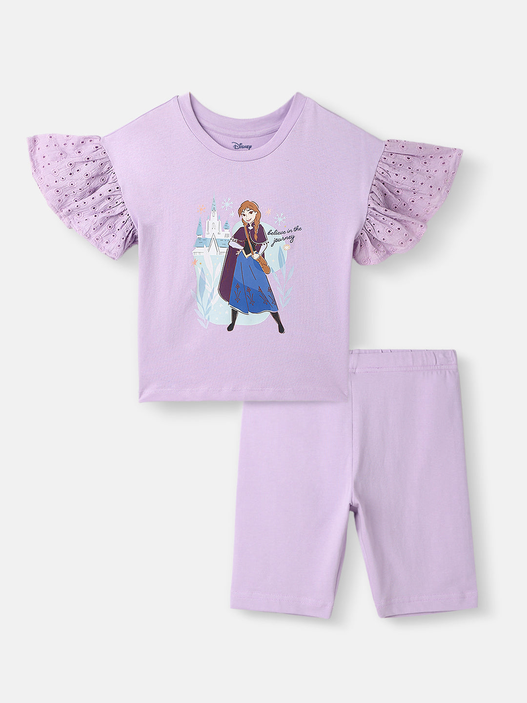 Girls Cotton Top and Shorts Set |Frozen Print Top | Schiffli Sleeves | Solid Shorts | 2-10 Years