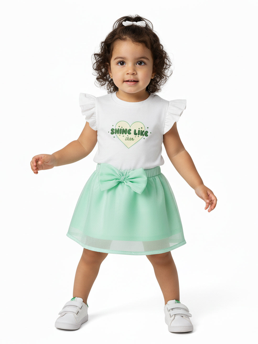 Nautinati Oraganza Green Bow Skirt With White Top Set for Girls
