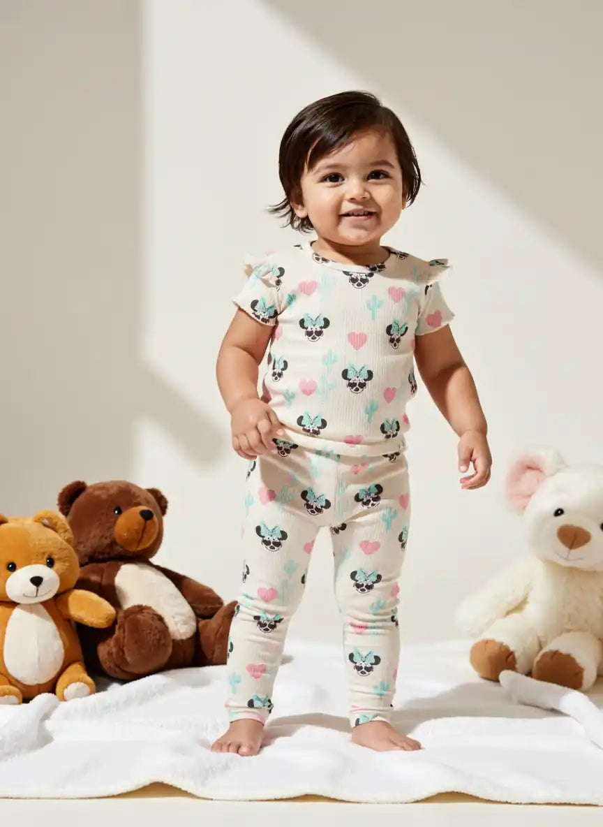 Nautinati Girls' Derby Rib Cotton Minnie Mouse Print Flutter Sleeve Dress