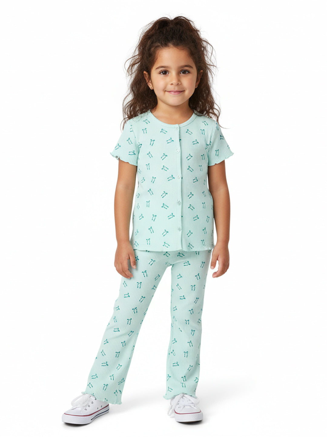 Nautinati Girls' Blue Derby Rib Set With All-over Print | Cotton | Age 2-10 Years