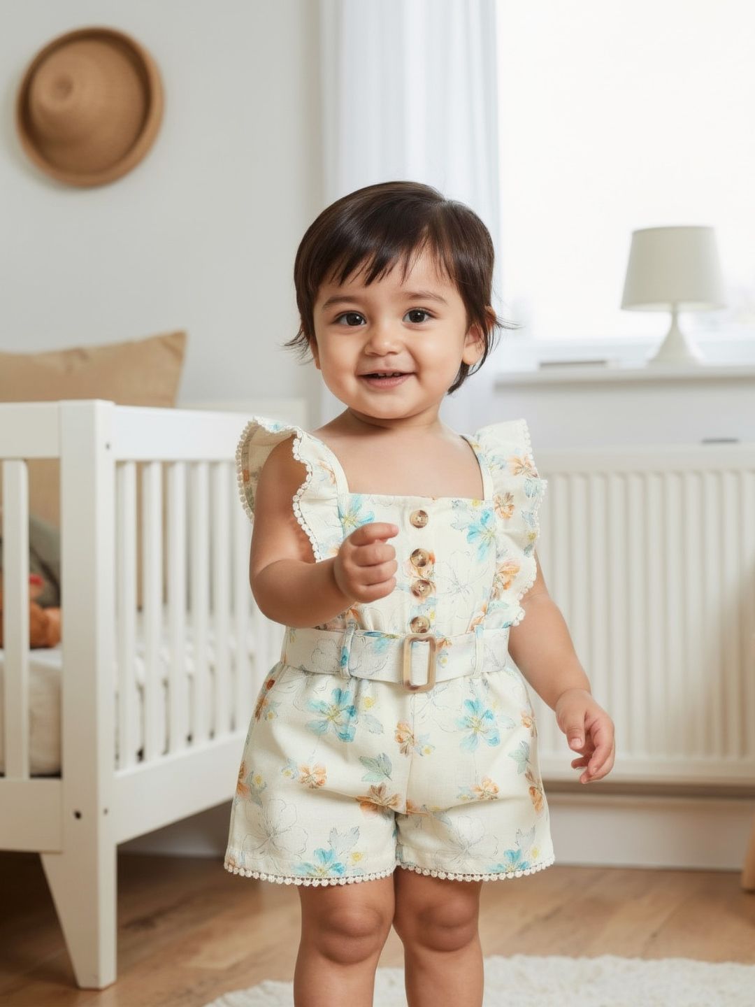 Nautinati Girls Ruffle Sleeves Printed Jumpsuit with Mock Belt