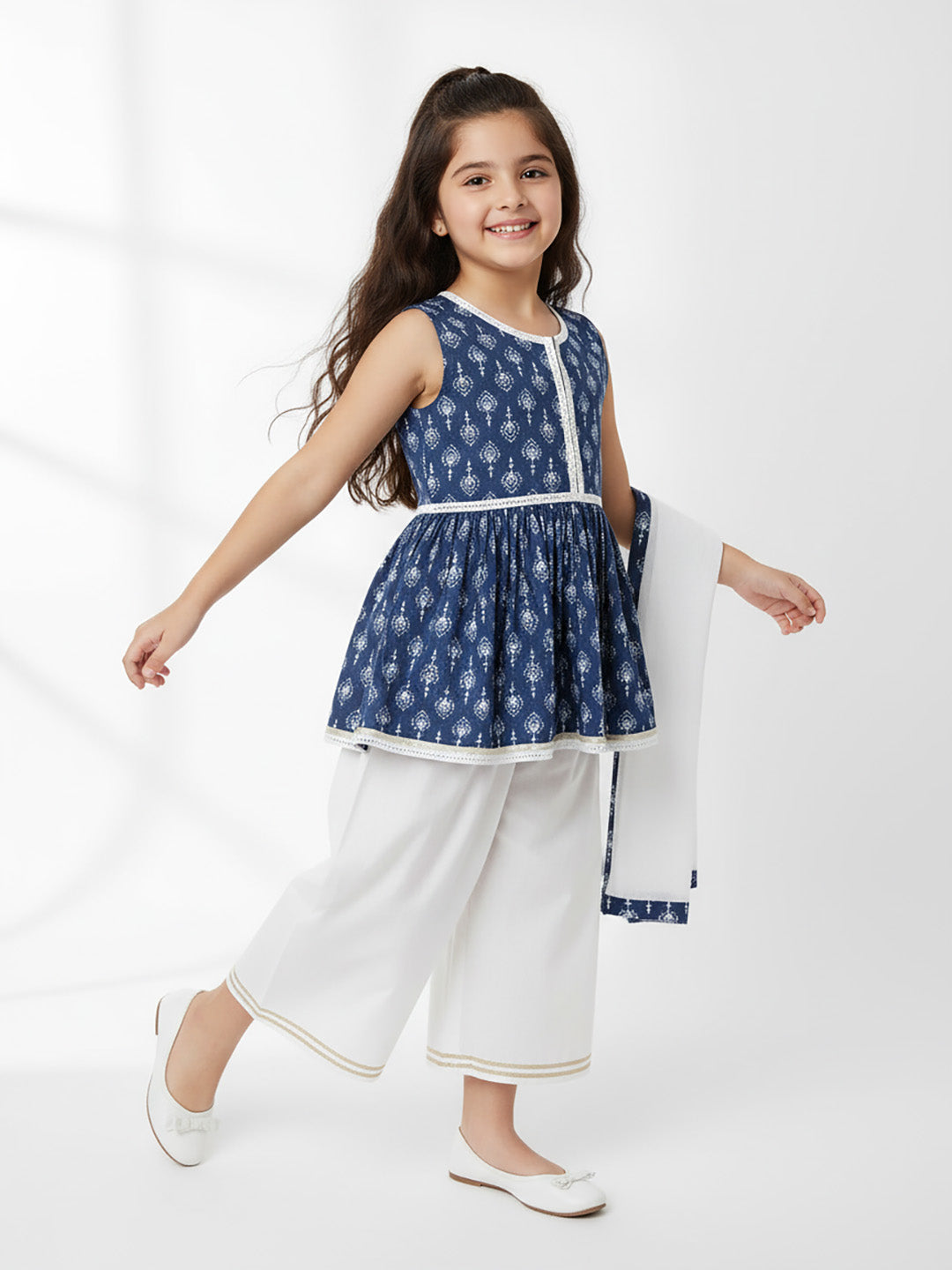 Nautinati Blue & White Festive Ethnic Set For Girls – Cotton Comfort & Style