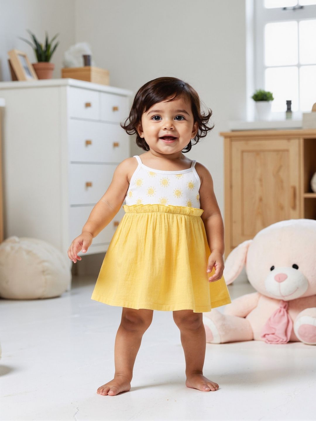 Nautinati Girls' Soft Cotton Strap Sleeves Gathered Waistline Dress