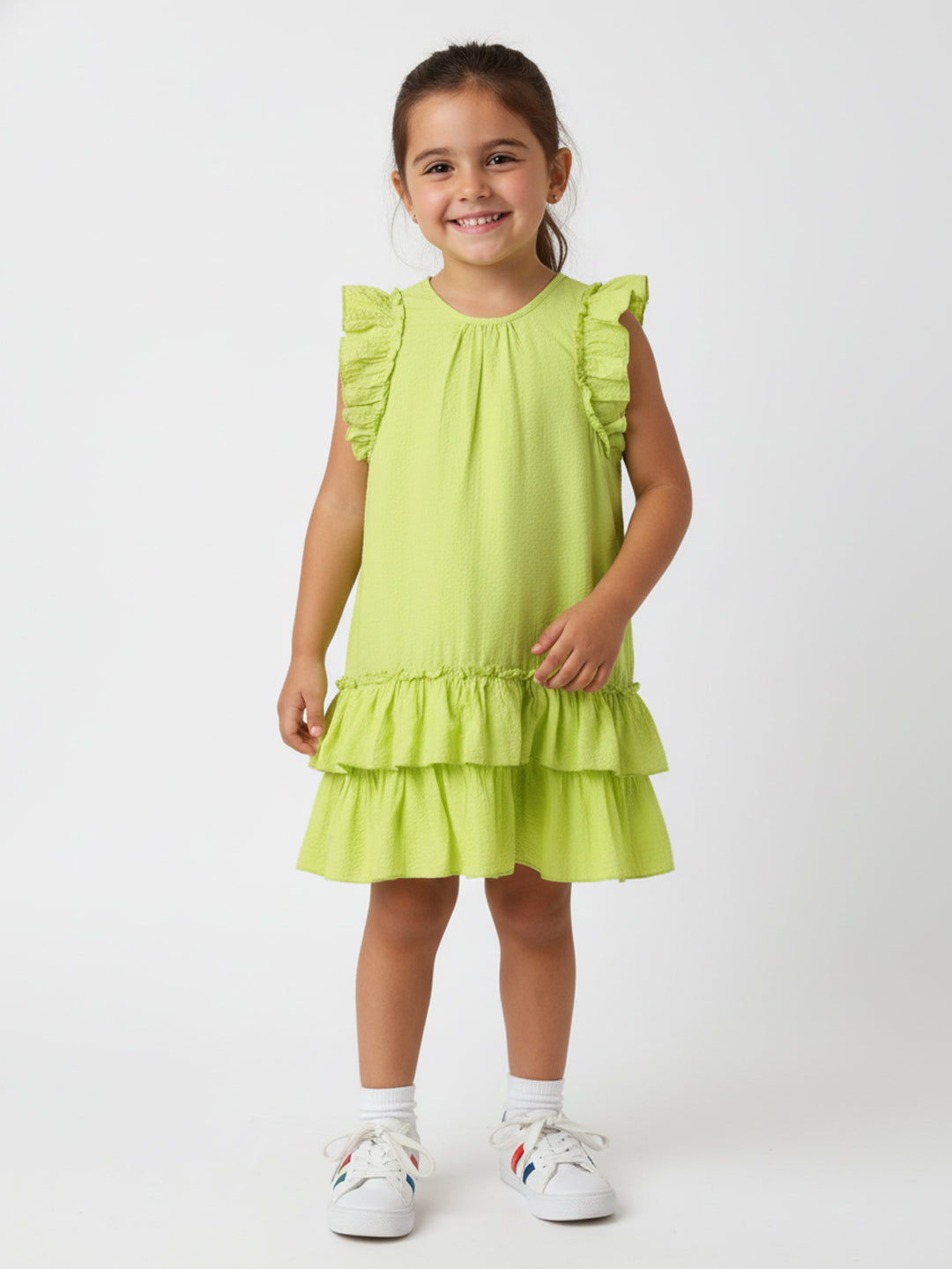 Nautinati Woven Lime Green Tiered Dress for Girls
