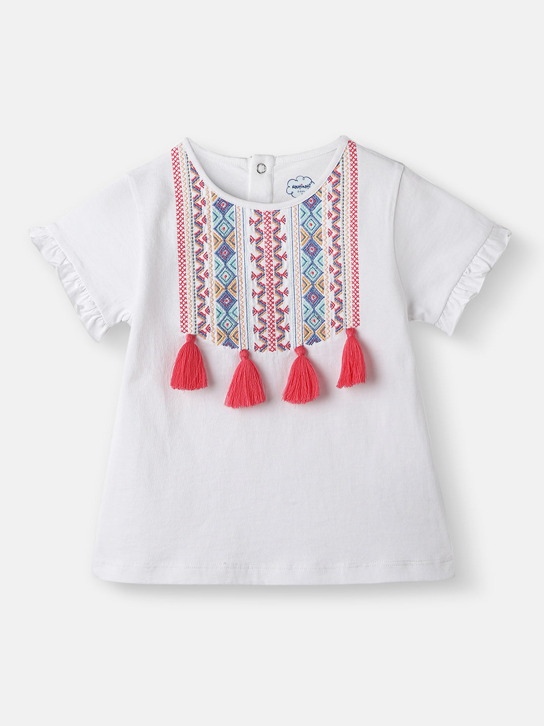 Girls Cotton Regular Top |Embroidery and Tassels| Half Sleeves with Ruffle Hem|  2-10 Years