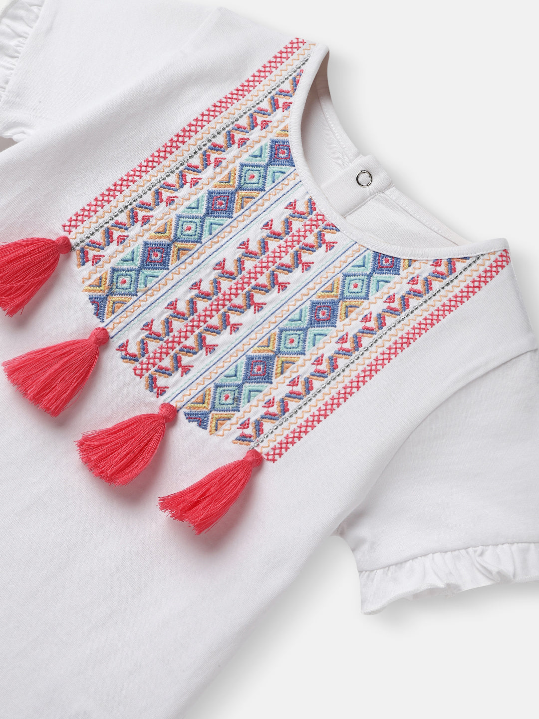 Girls Cotton Regular Top |Embroidery and Tassels| Half Sleeves with Ruffle Hem|  2-10 Years