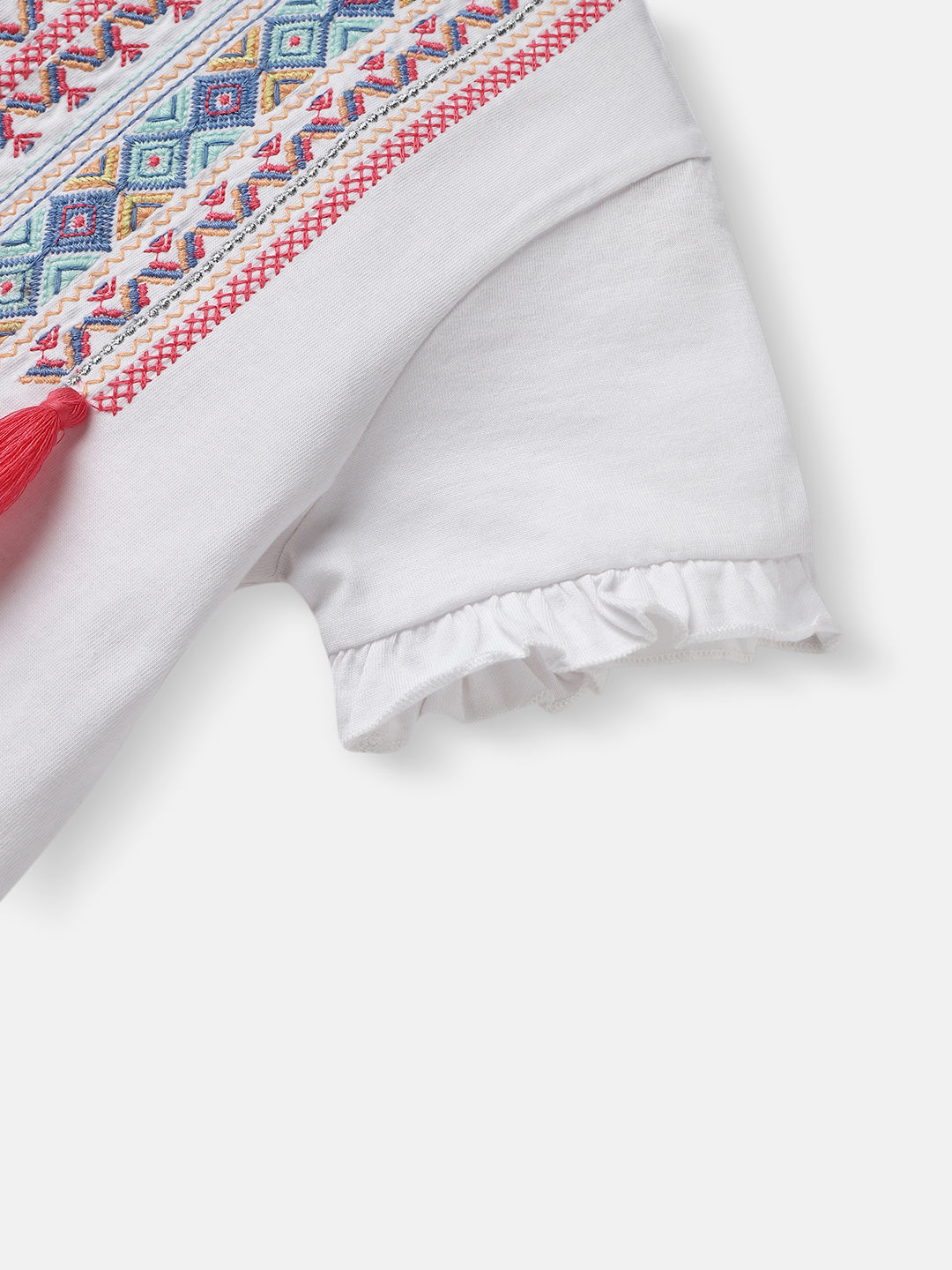 Girls Cotton Regular Top |Embroidery and Tassels| Half Sleeves with Ruffle Hem|  2-10 Years