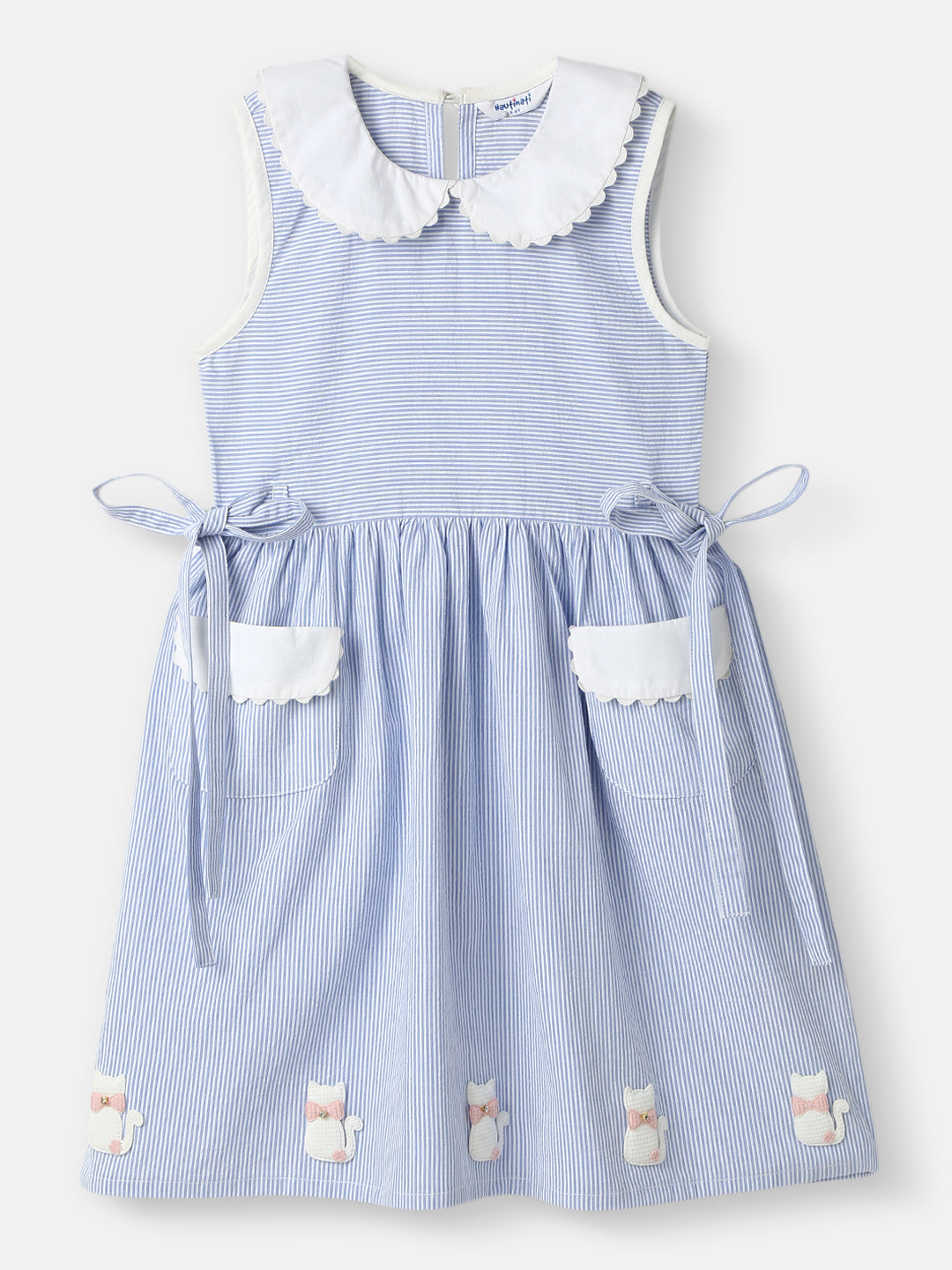 Nautinati Girls' Cotton Peterpan Collar Dress with Front Pockets and Cat Patches