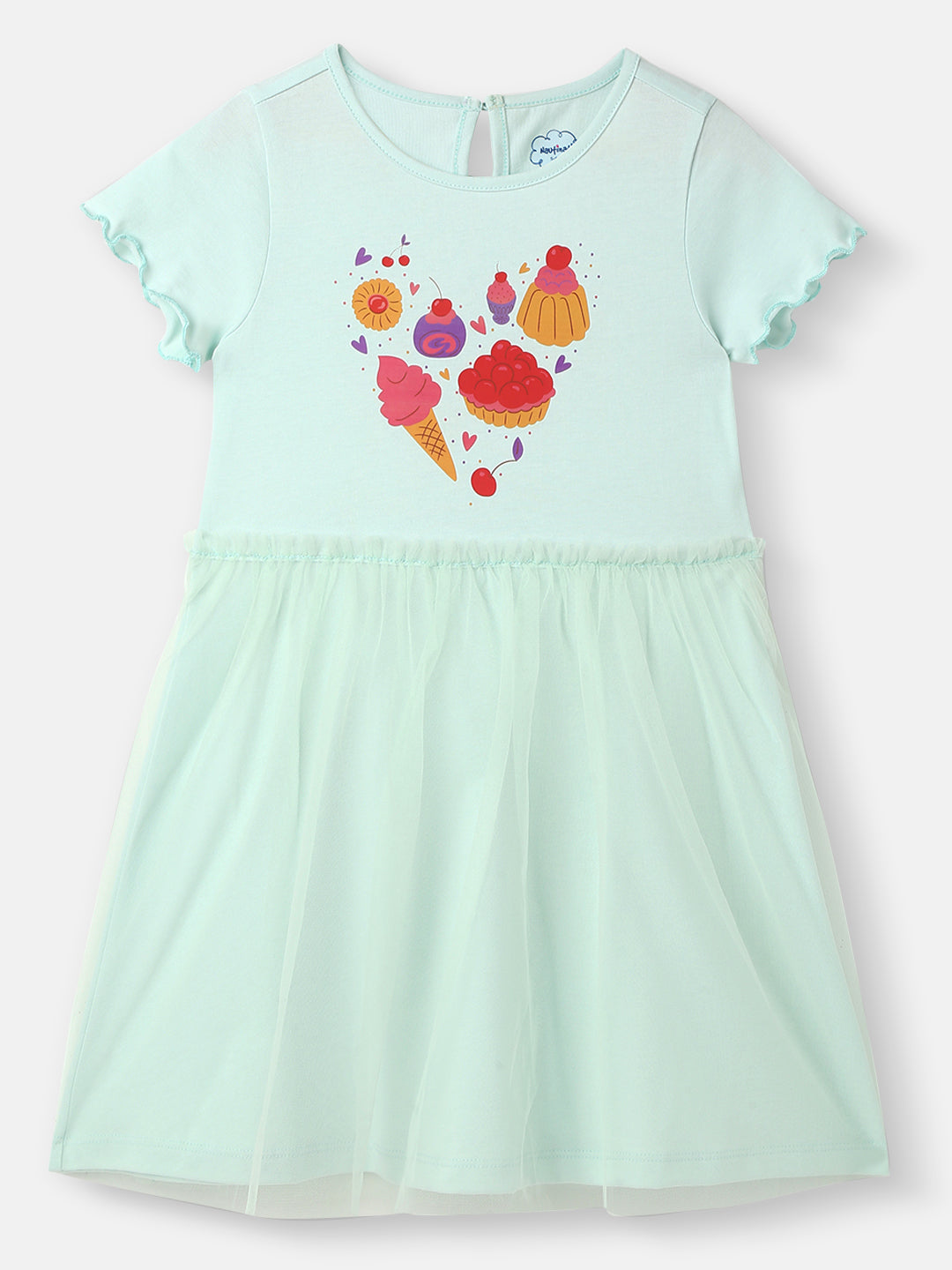Nautinati Girls' Candy Print Tulle Frill Dress with Lettuce Hem in Sleeves