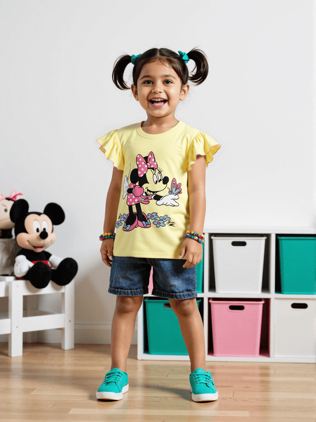 Nautinati Girls' Cotton Minnie Mouse Print T-shirt with Lettuce Hem in Sleeves