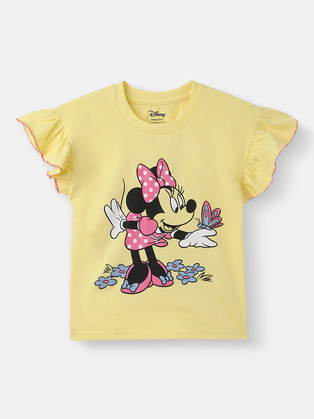 Nautinati Girls' Cotton Minnie Mouse Print T-shirt with Lettuce Hem in Sleeves