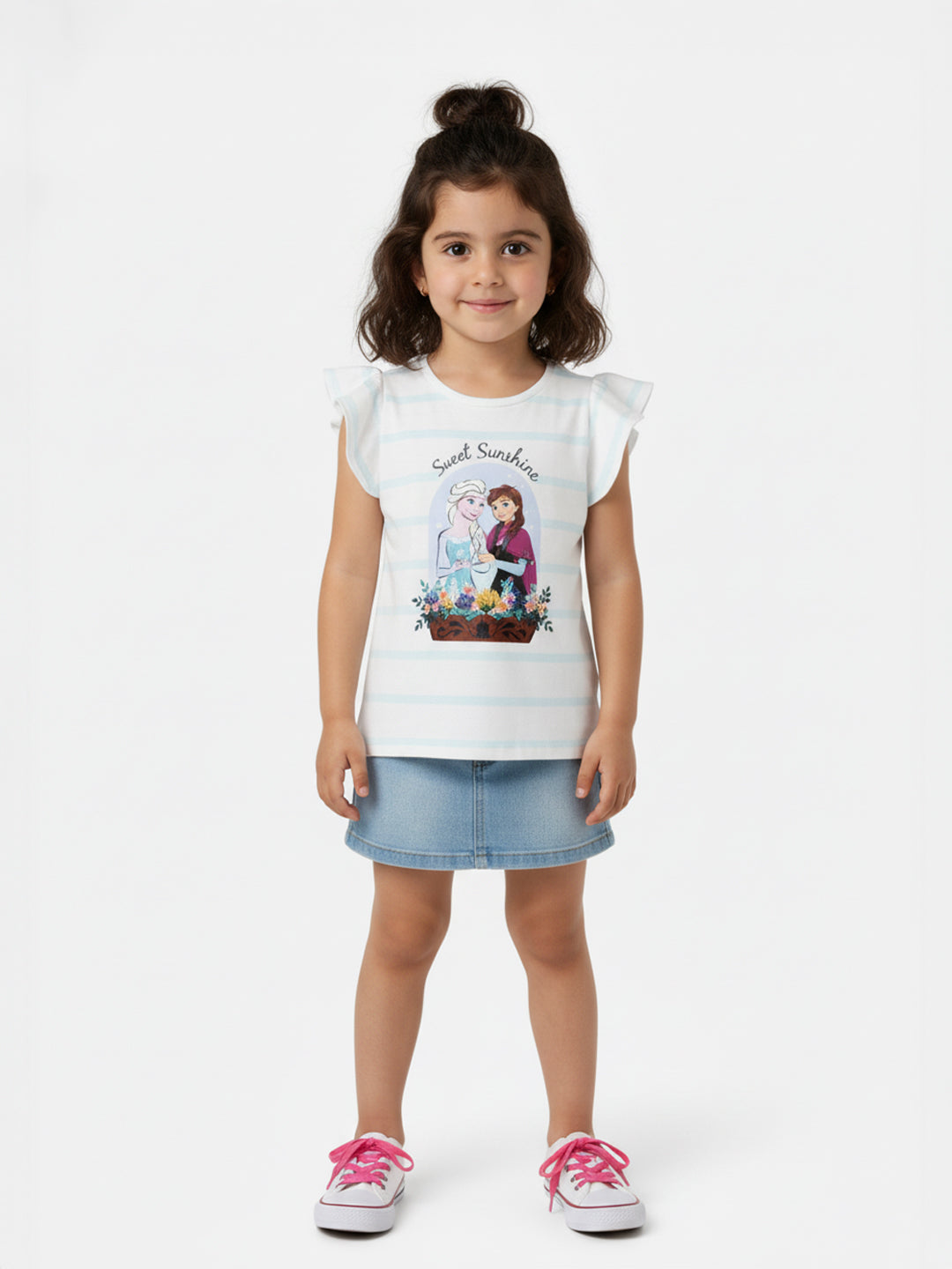 Nautinati Girls' Cotton Frozen Print & Striped Ruffle Sleeves T-shirt
