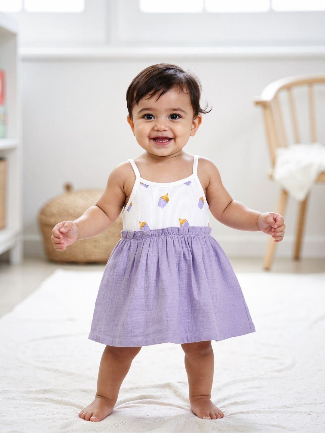 Nautinati Girls' Ribbed 100% Cotton All-over Ice Cream Print Fit & Flare Dress with Gathered Detail