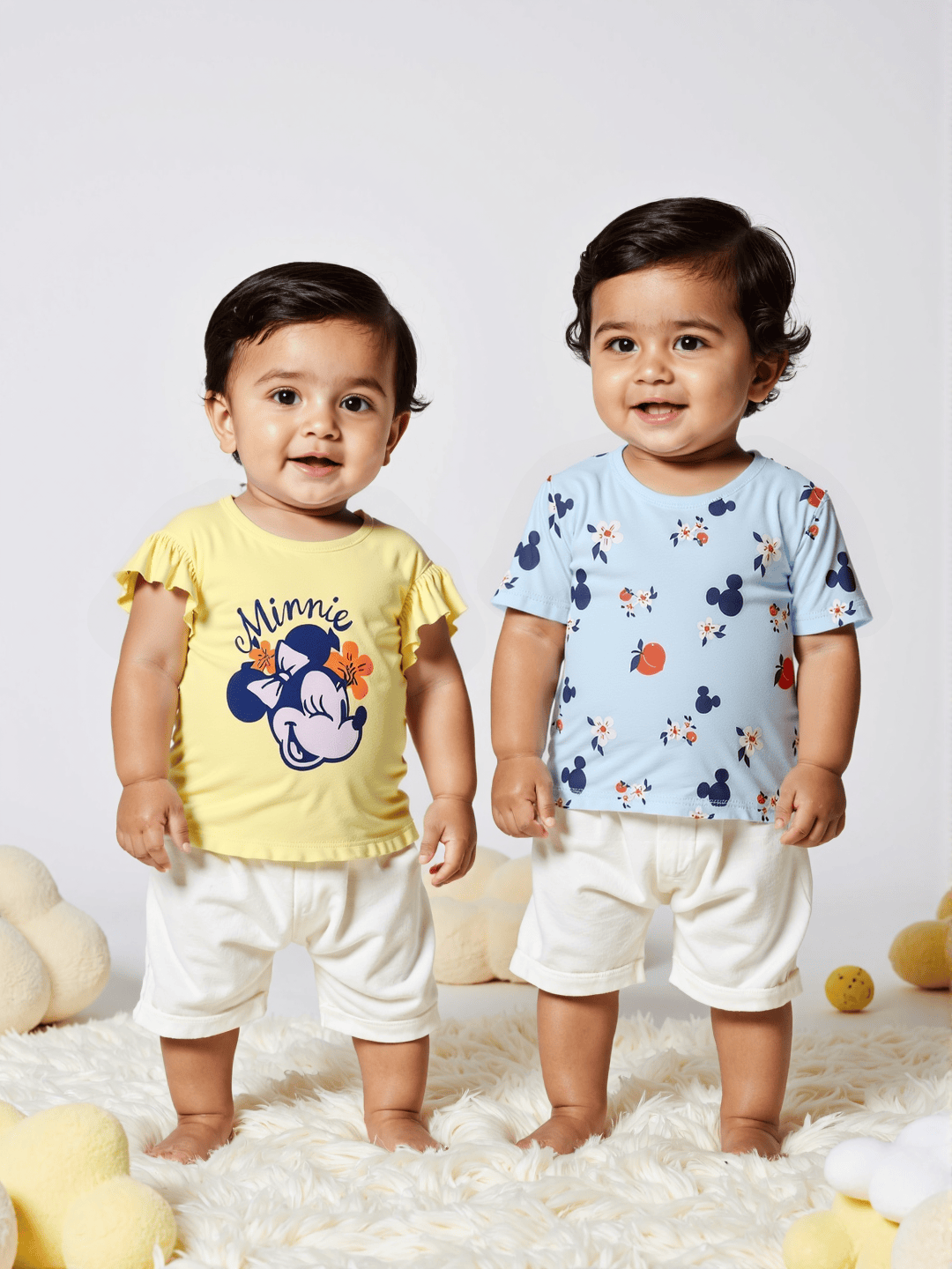 Nautinati Girls' Pack of 2 Cotton Minnie Mouse Printed Flutter Sleeves T-shirts