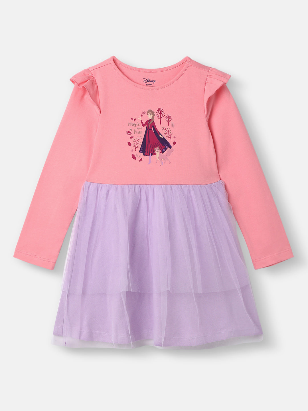 Nautinati Girls' Frozen Graphic Mesh Dress | Full Sleeves | Age 5-6 Years