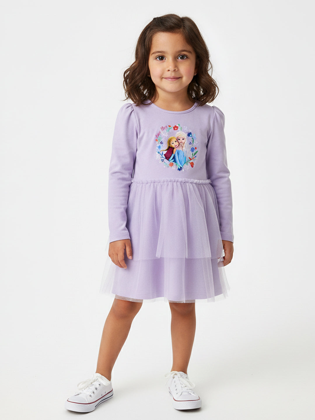 Nautinati Lavender Frozen Print Partywear Dress for Girls
