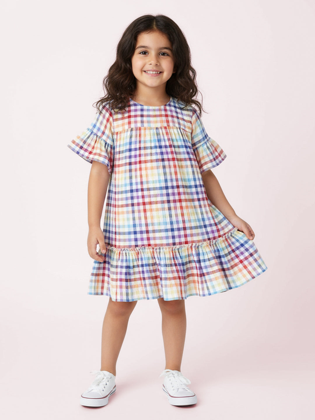 Nautinati Girls Cotton Gingham Top|Flared Sleeves| Age 2 - 10 Years