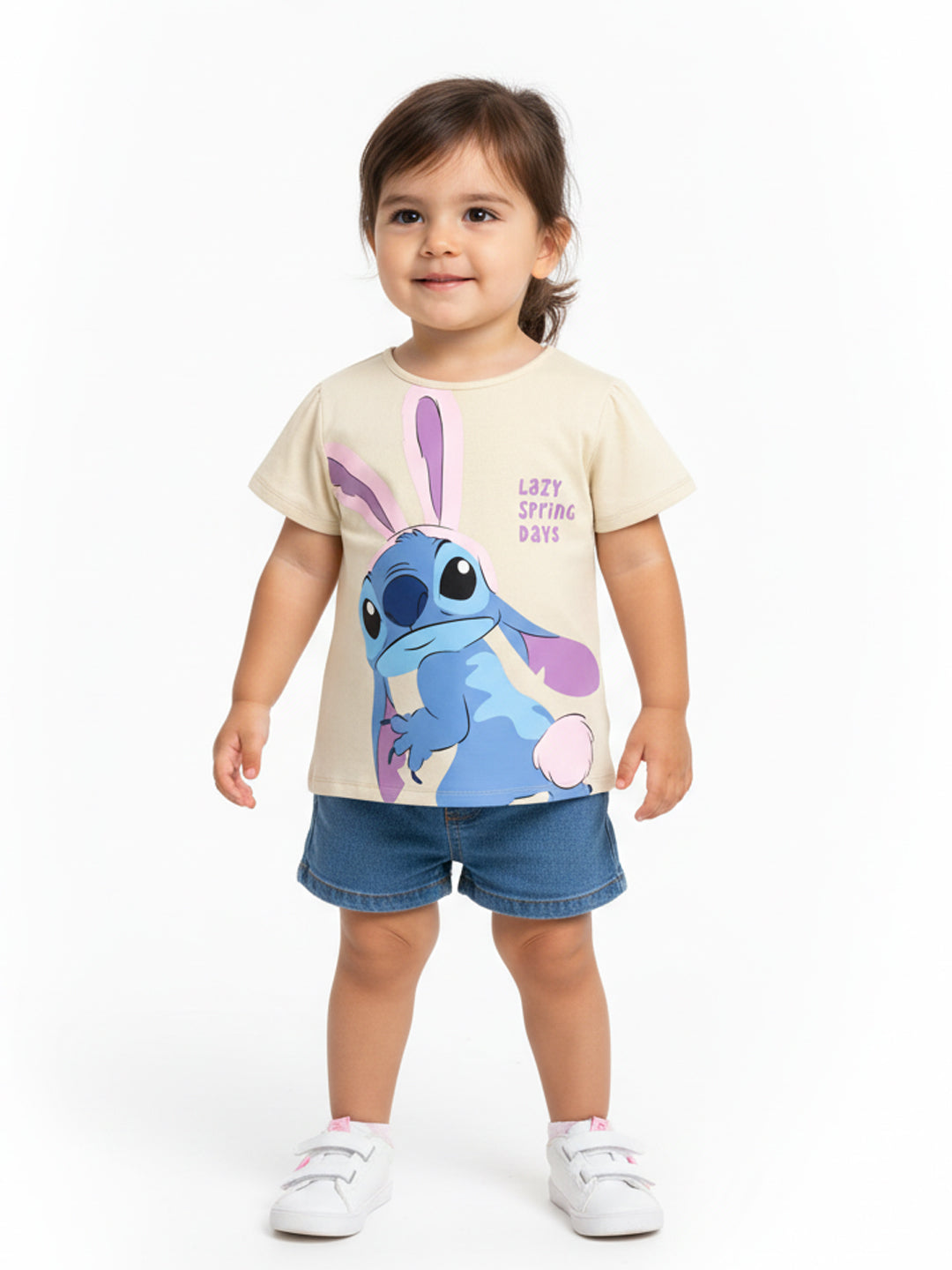 Nautinati Cotton Off-white Lilo and Stitch Print T-shirt for Girls
