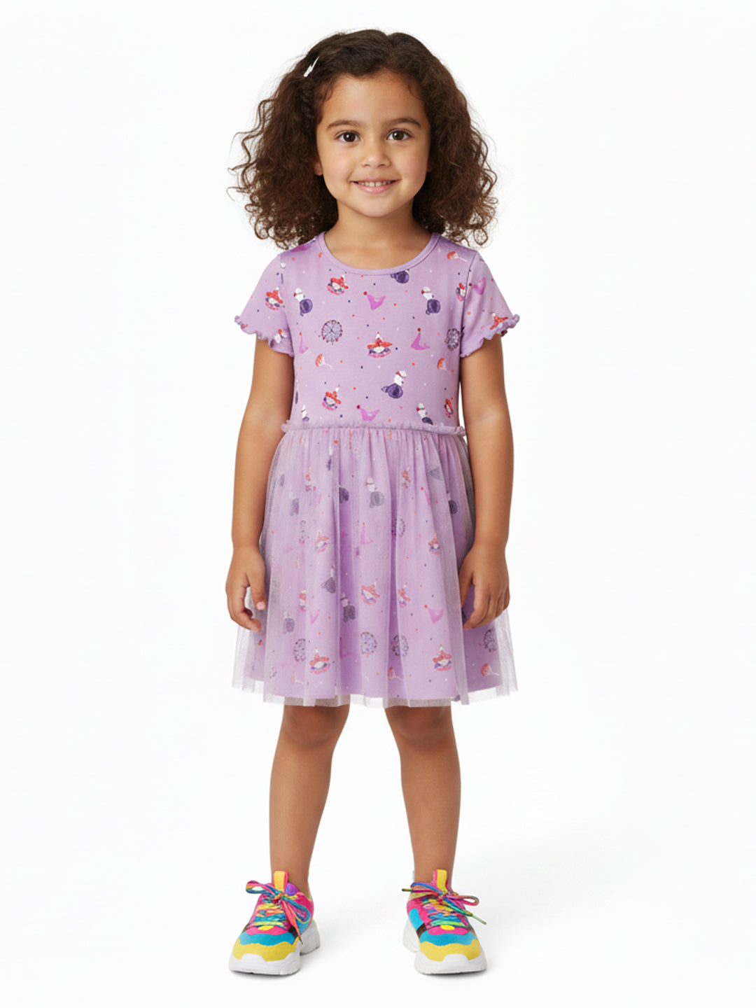 Nautinati Multicolour Placement Print Tulle Dress for Girls
