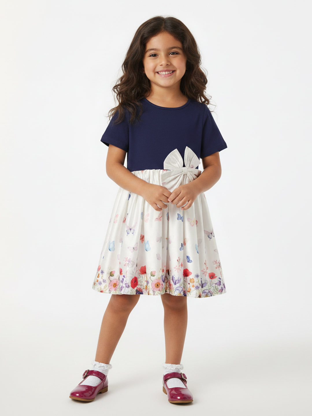 Nautinati Blue & White Japanese Satin Dress With a Bow for Girls
