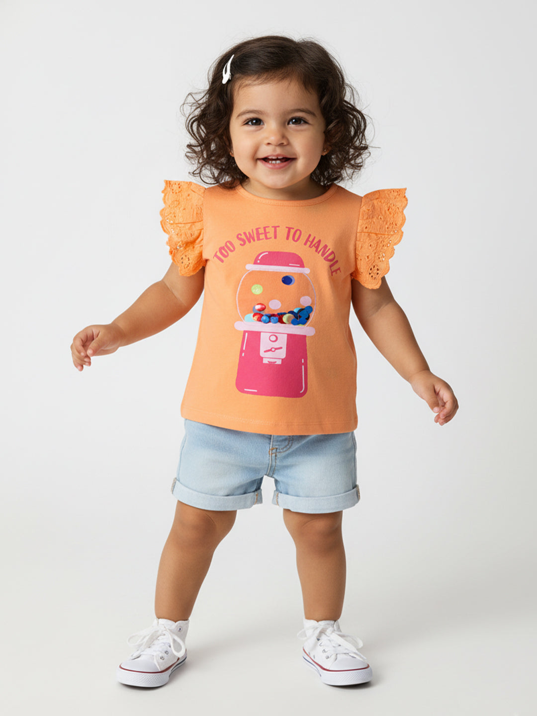 Nautinati Girls' Cotton Printed Top | Schiffli Sleeves | Age 0 - 2 Years