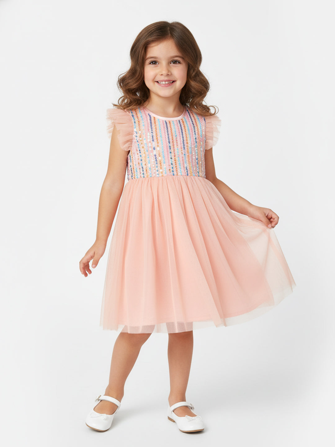 Nautinati Girls Sequined Mesh Party Dress|Ruffle Sleeves| Age 2 - 10 Years
