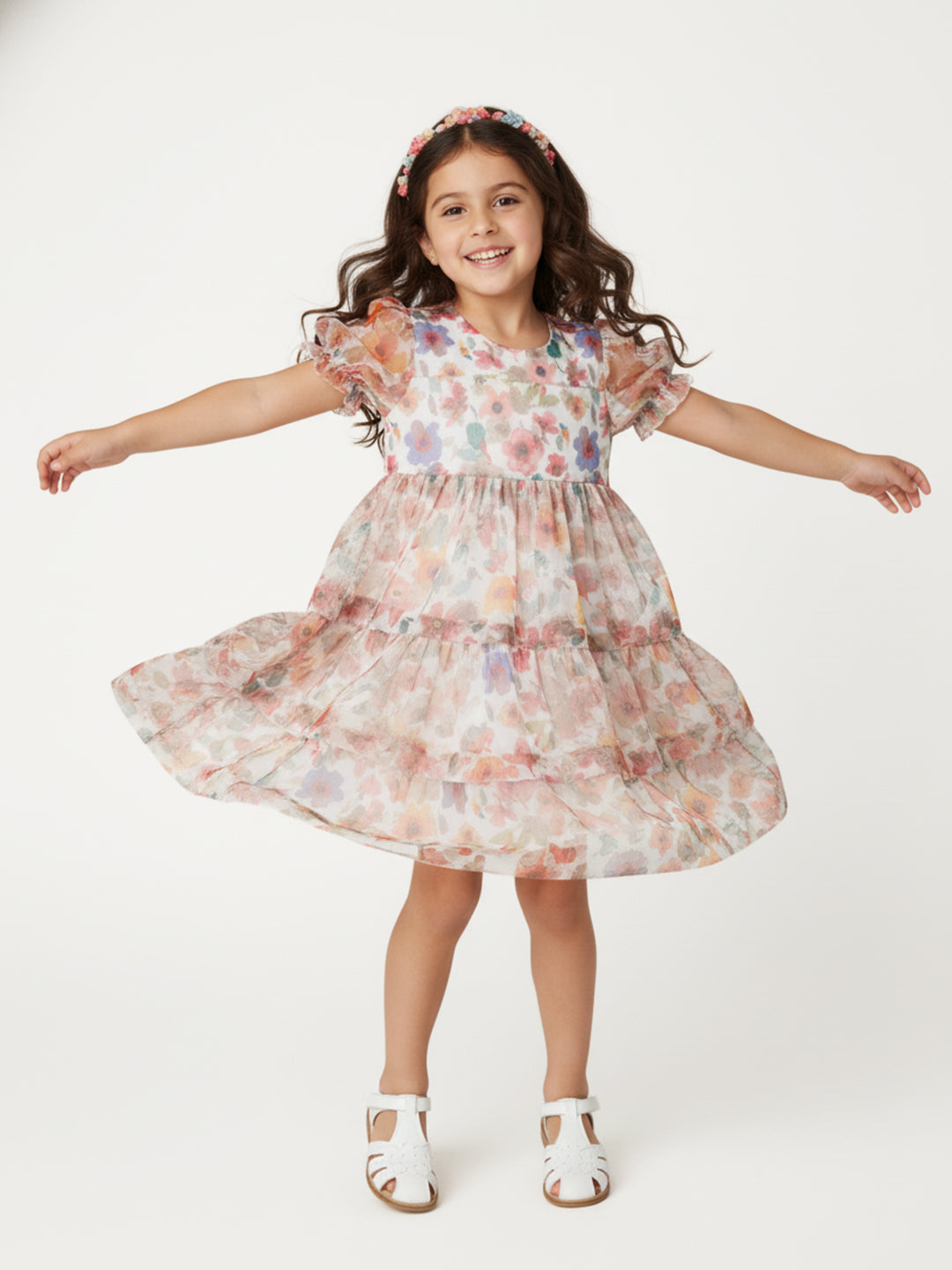 Nautinati Girls Floral Mesh Tiered Dress|Puff Sleeves| Age 2 - 10 Years