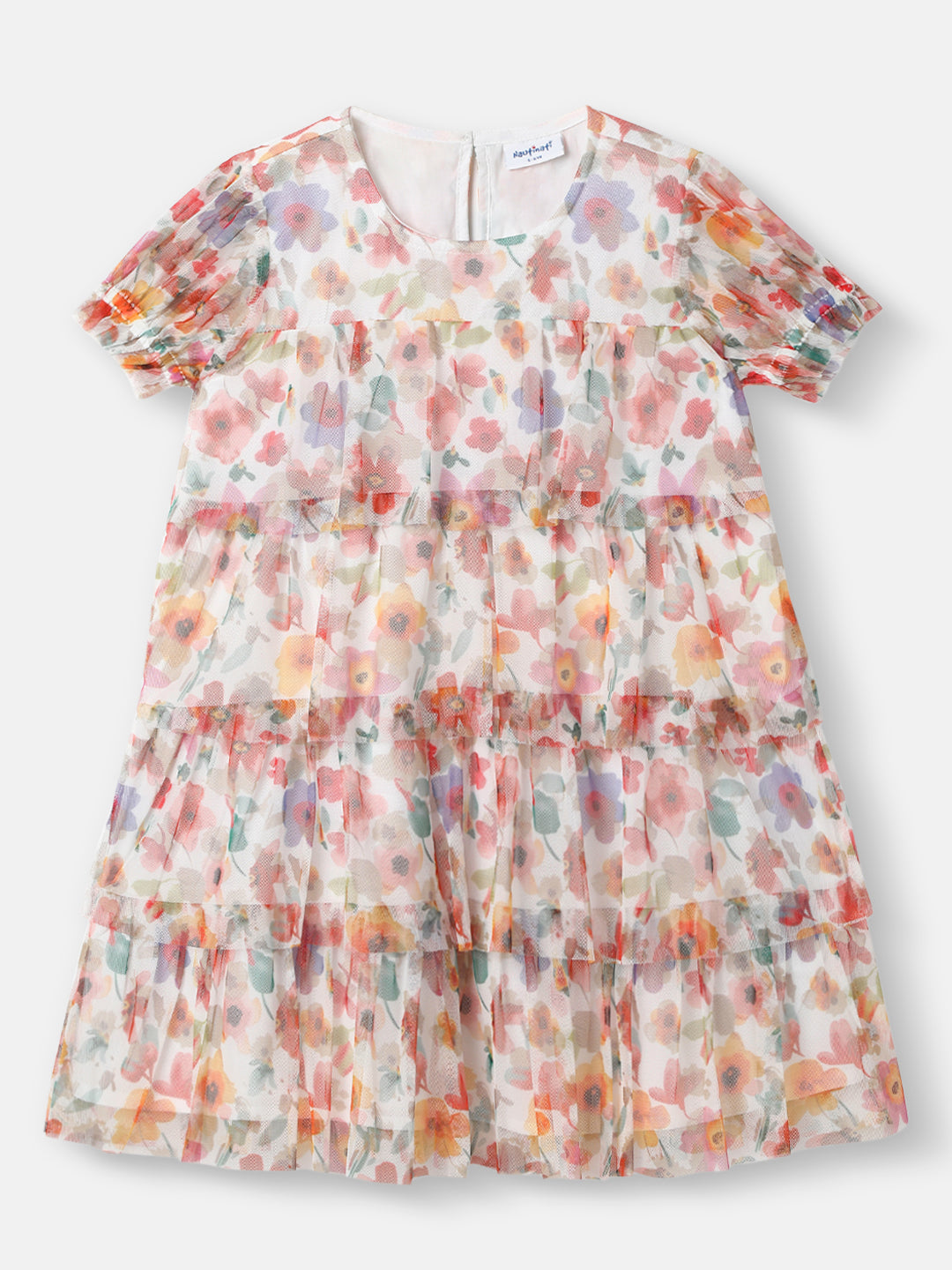Nautinati Girls Floral Mesh Tiered Dress|Puff Sleeves| Age 2 - 10 Years
