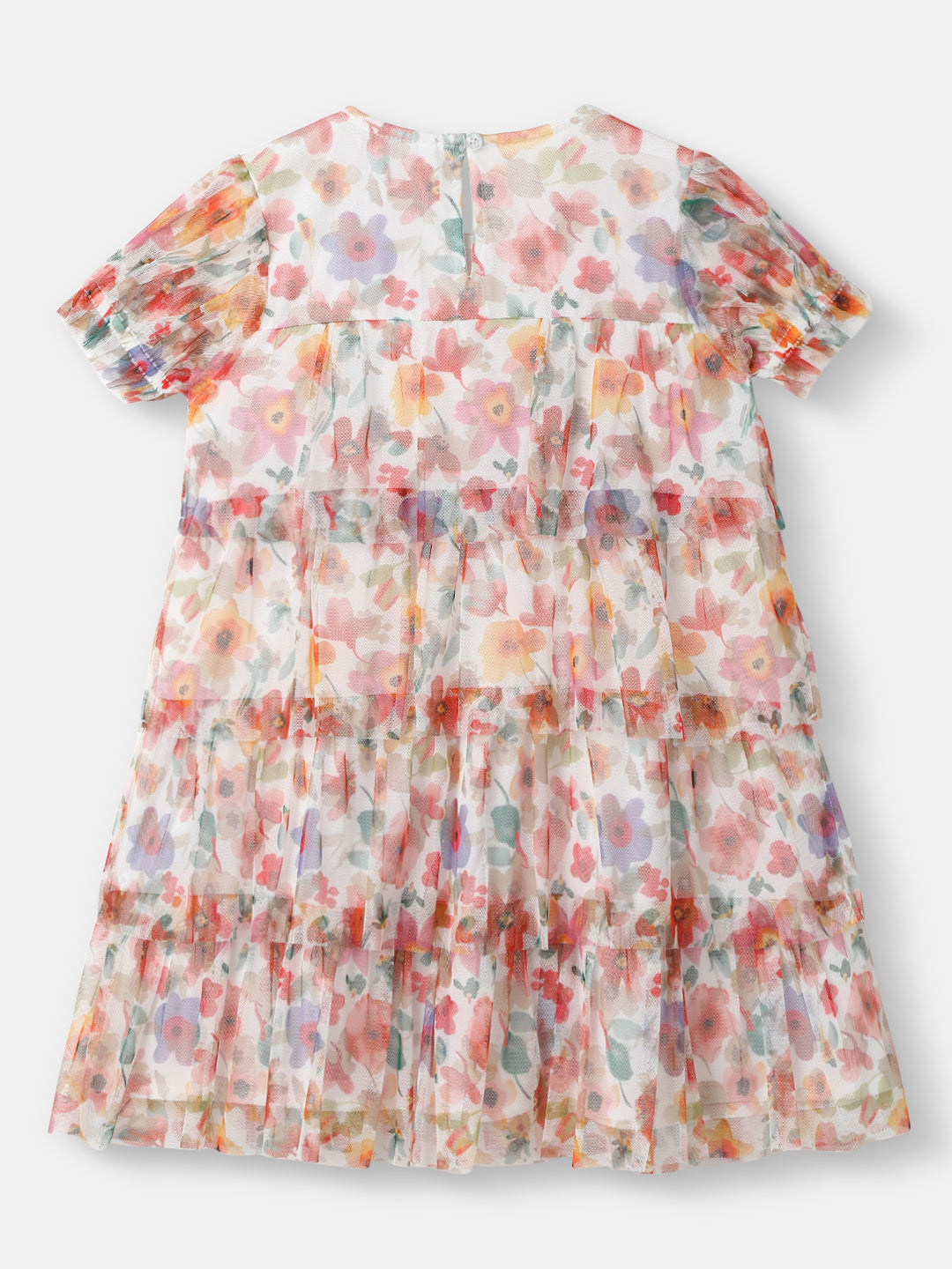Nautinati Girls Floral Mesh Tiered Dress|Puff Sleeves| Age 2 - 10 Years