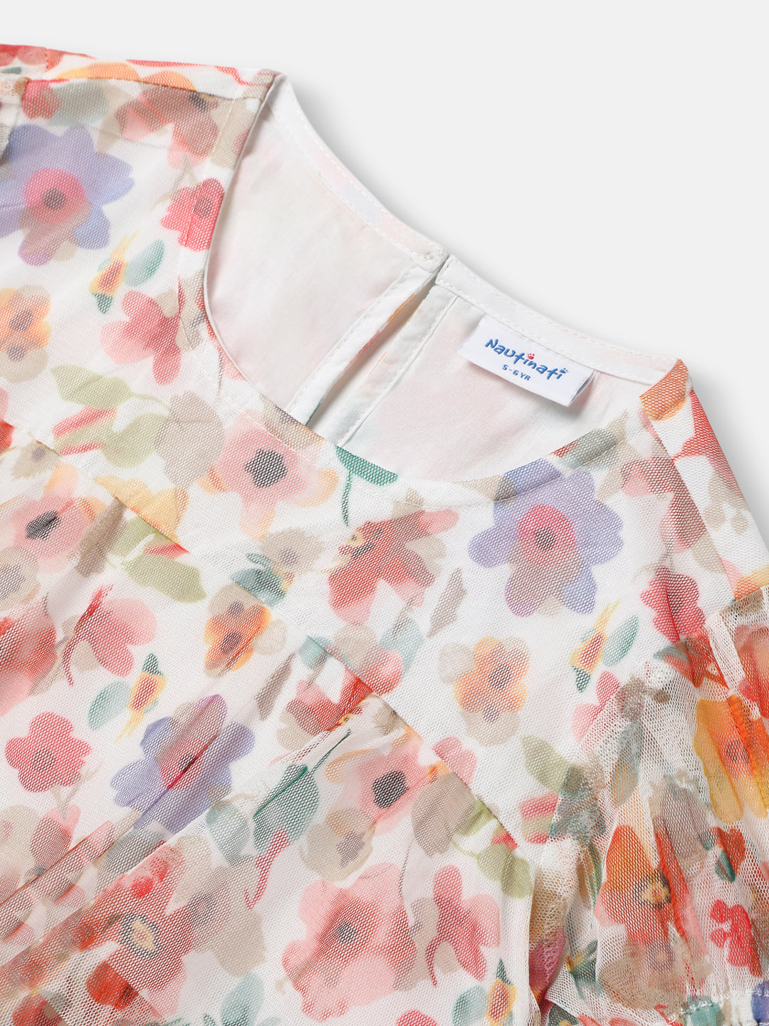 Nautinati Girls Floral Mesh Tiered Dress|Puff Sleeves| Age 2 - 10 Years