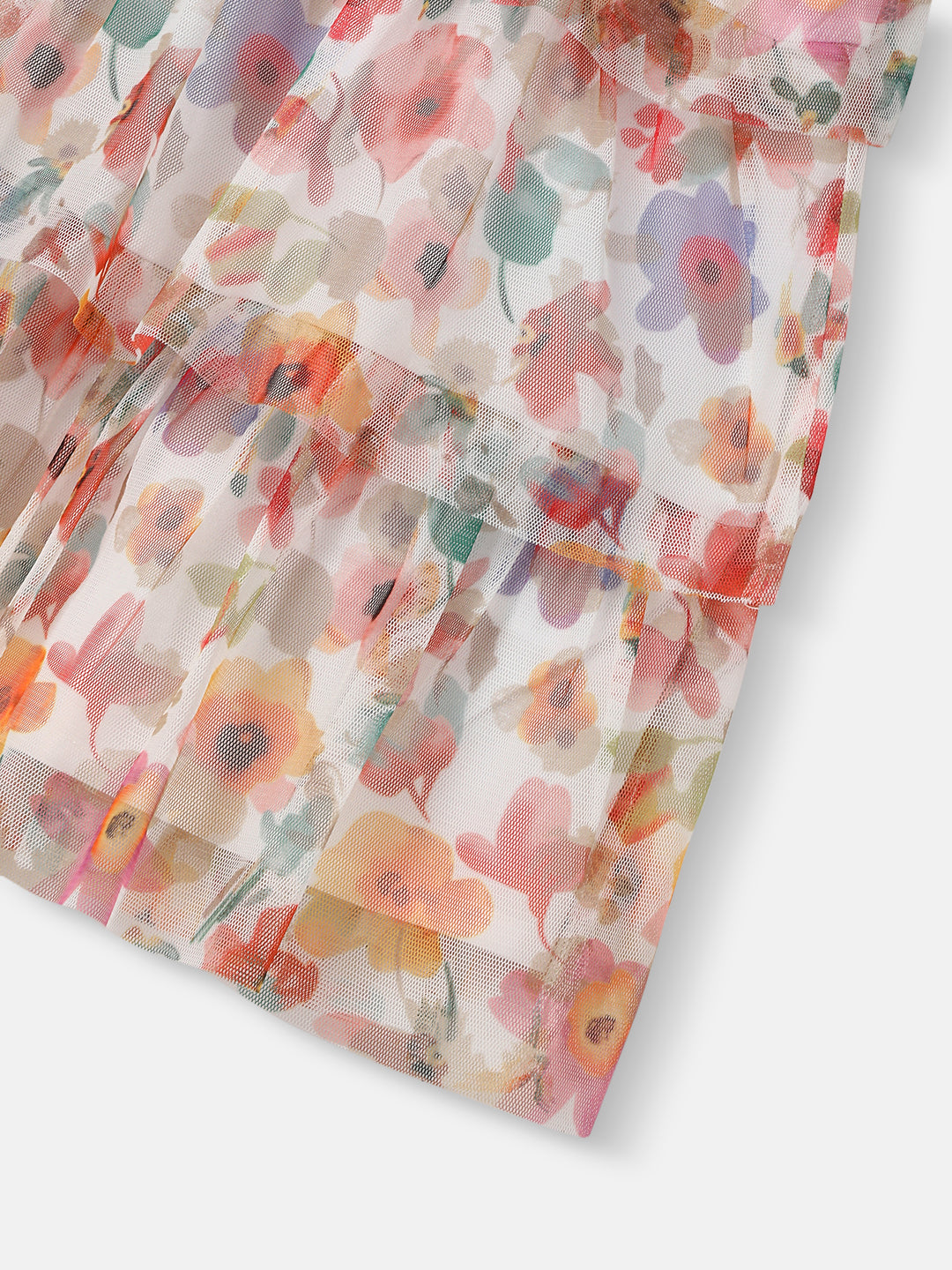 Nautinati Girls Floral Mesh Tiered Dress|Puff Sleeves| Age 2 - 10 Years