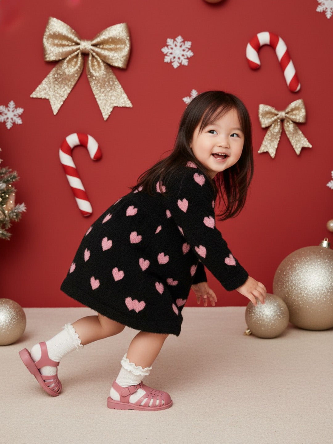 Nautinati Black and Pink Heart Print Sweater Dress for Girls