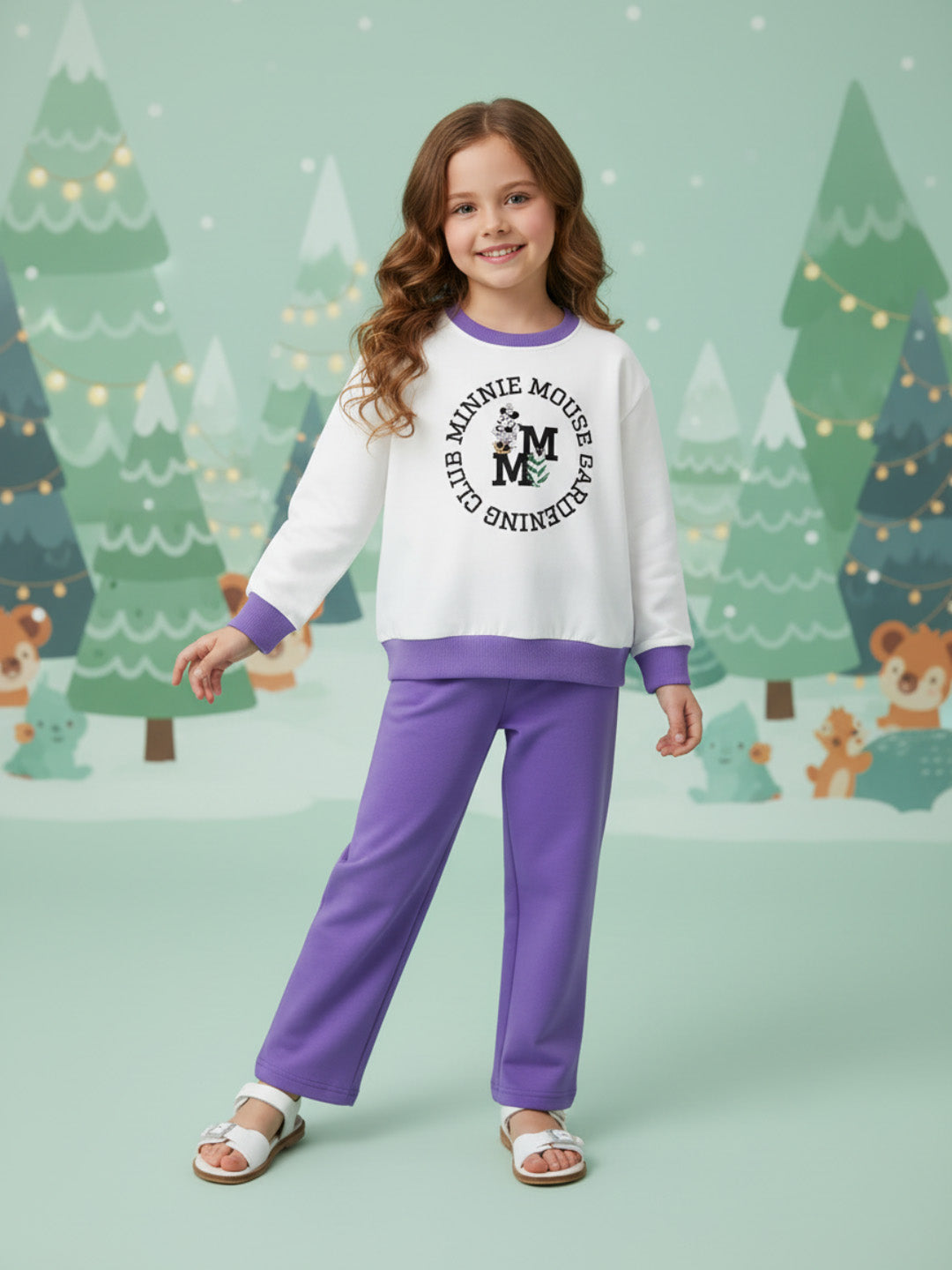 Nautinati White & Violet Typography Sweatshirt Set for Girls