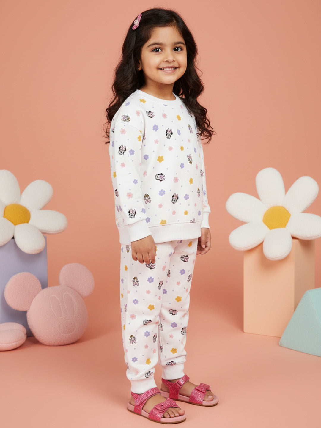 Nautinati White All Over Print Sweatshirt Set For Girls