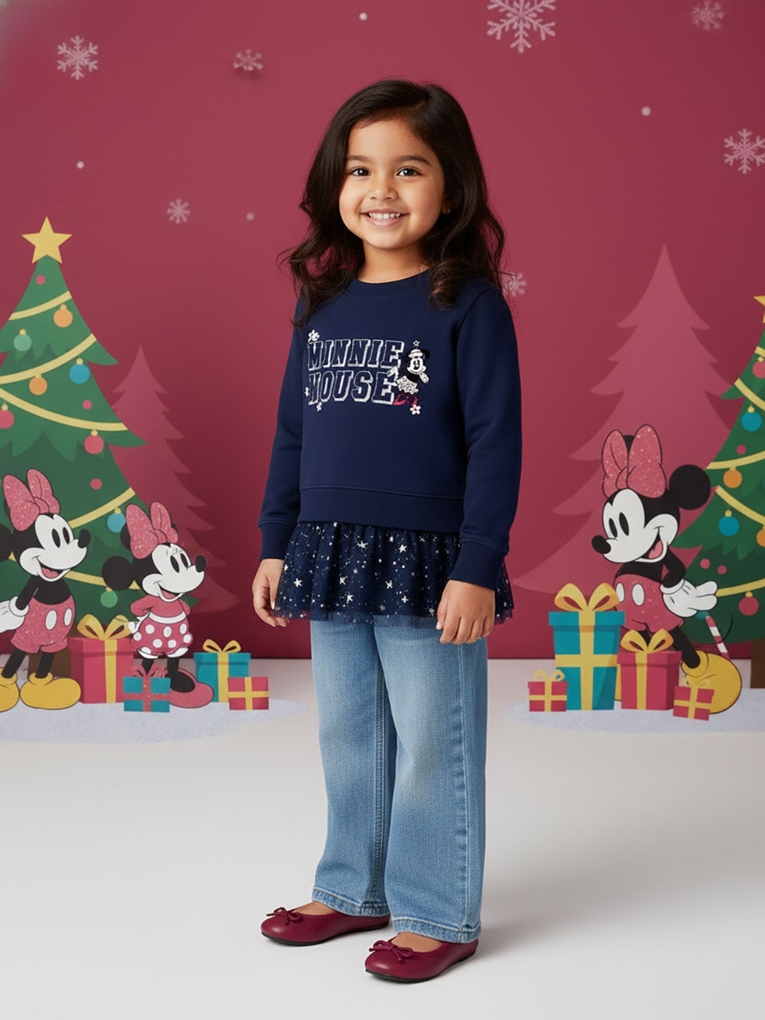 Nautinati Dark Blue Minnie Mouse Print Sweatshirt Dress For Girls