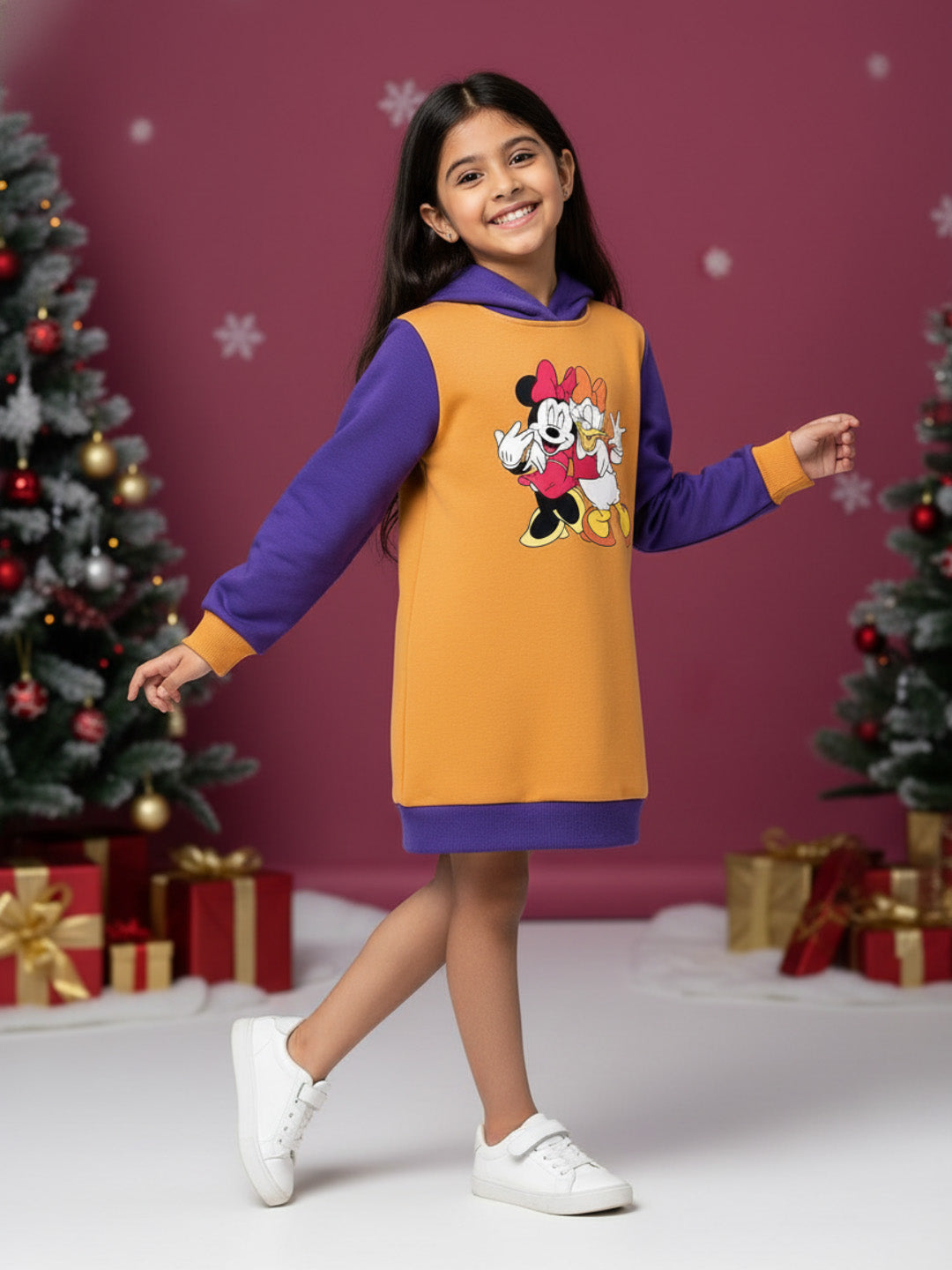 Nautinati Peach and Purple Minnie Mouse and Daisy Print Sweatshirt Dress for Girls