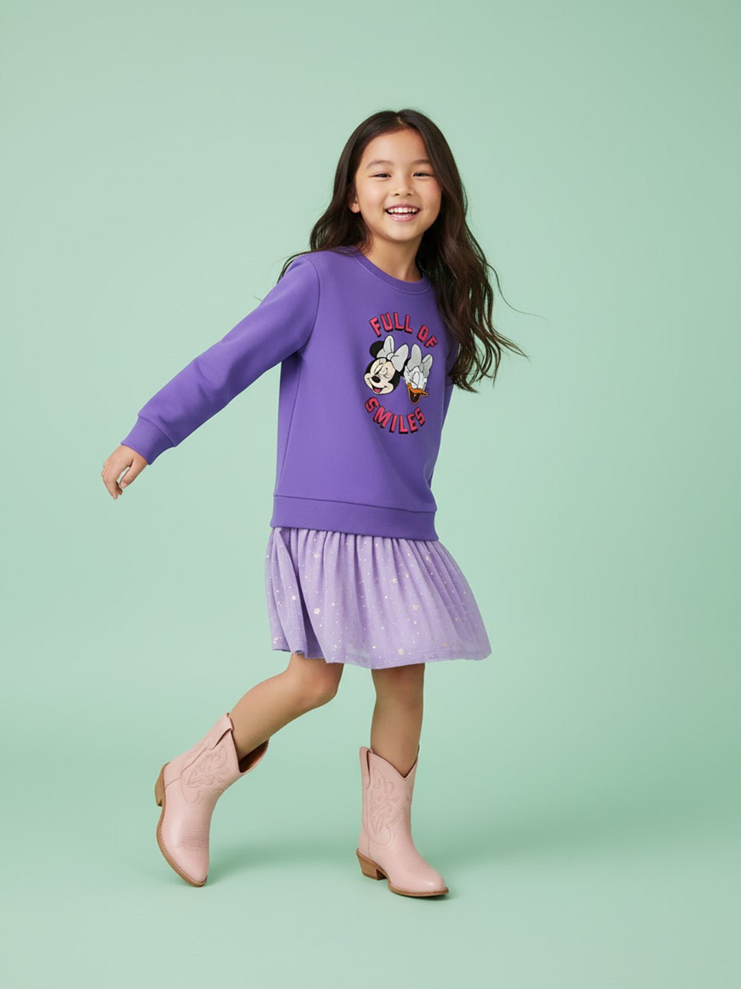 Nautinati Purple Minnie Mouse and Daisy Print Sweatshirt Dress for Girls