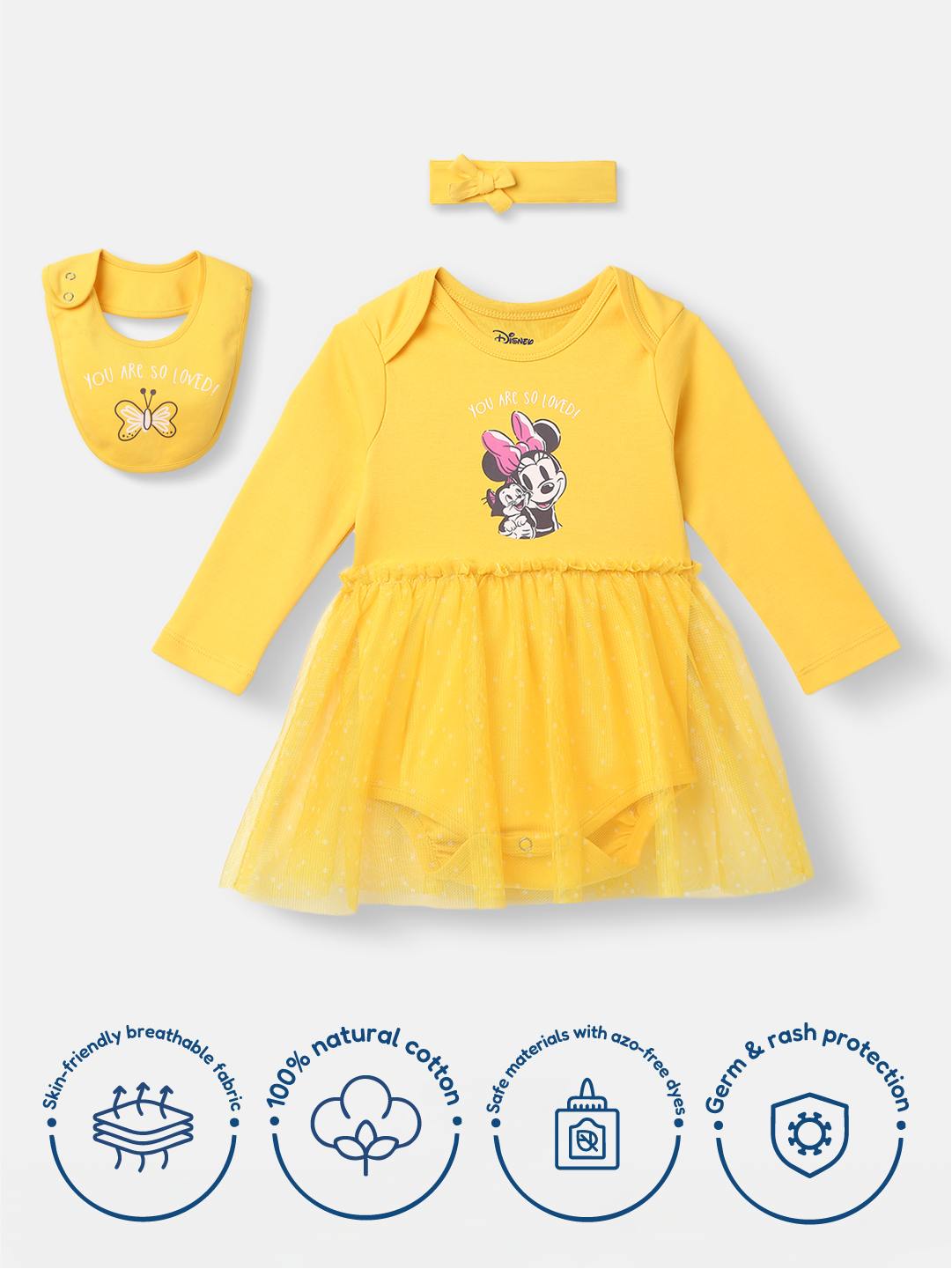 Nautinati Disney Infants Cotton Minnie Mouse Printed Dress with Bib and Headband