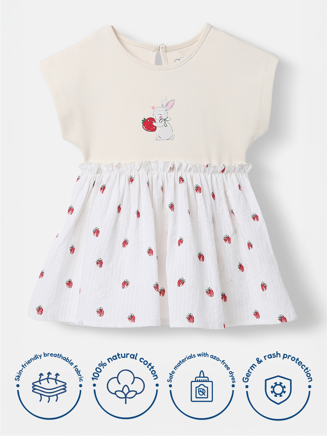 Girls Cotton Dress | Strawberry Print |Rabit Badge | 3-24 Months
