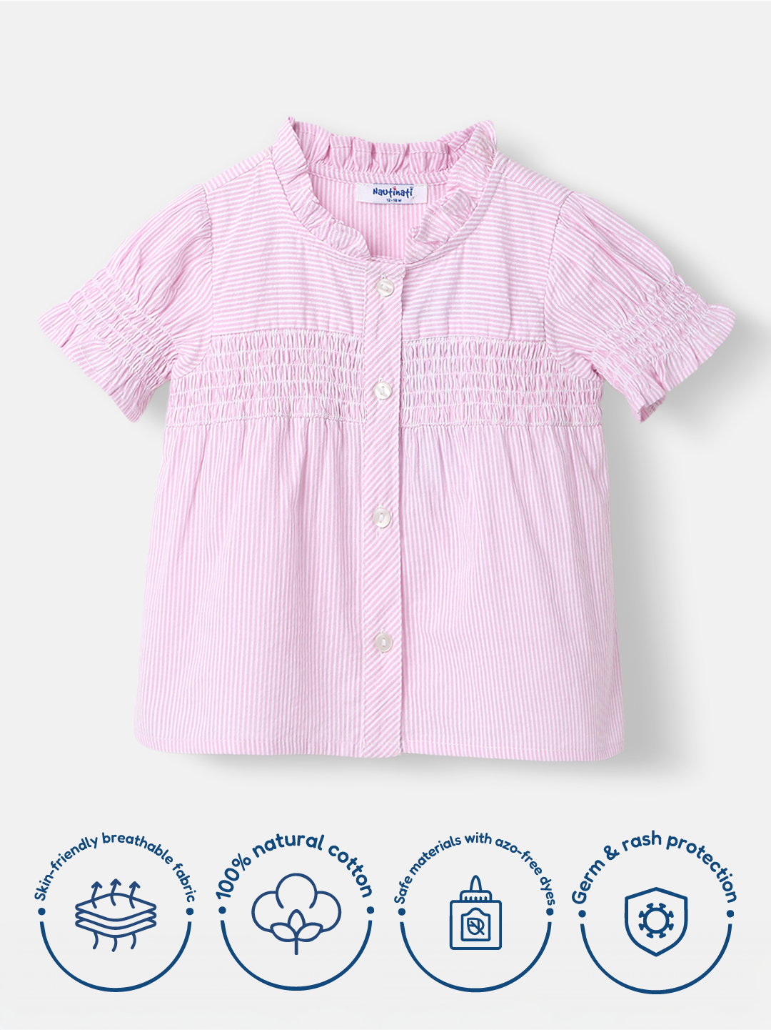 Nautinati Girls' Yarn Dyed Cotton Checks Woven Top with Shirring Details