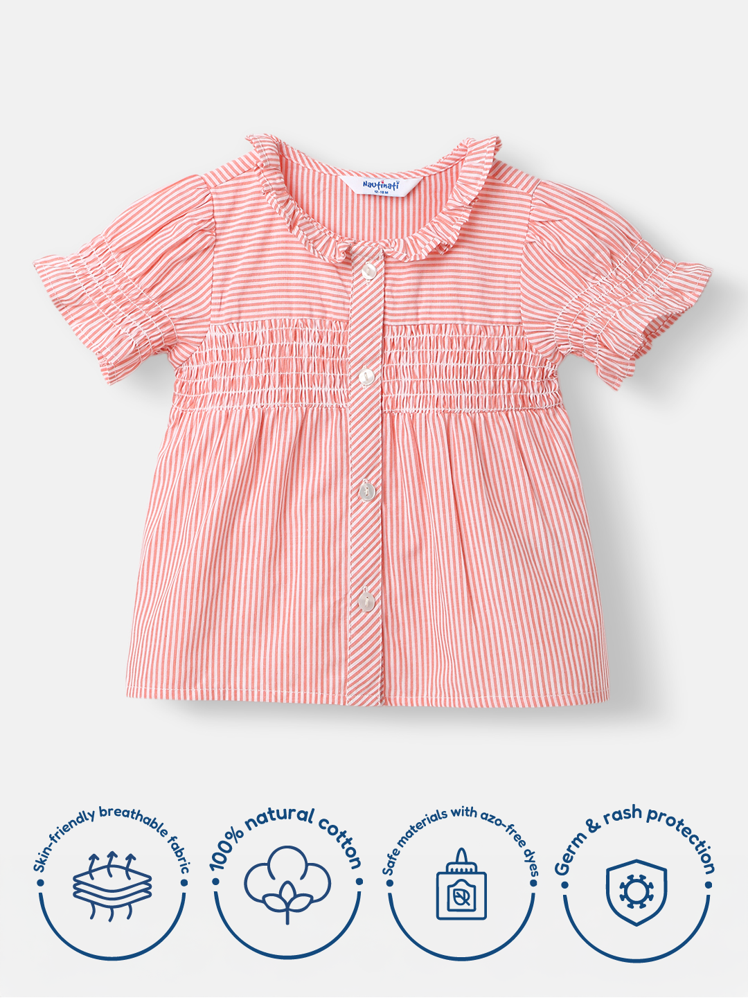 Nautinati Girls' Cotton Striped Woven Top with Shirring Details