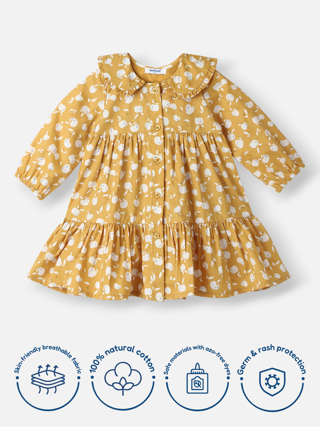 Nautinati Girls Mustard Poplin Cotton Printed Dress